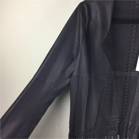 NWT Elizabeth & James Garvin Leather Fringe Woven Open Front Black Jacket Medium